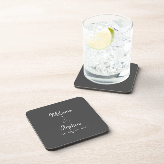 Elegant Couple Names Date Script Typography Grey Coaster (Right Side)