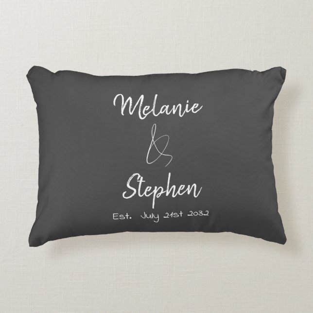 Elegant Couple Names Date Script Typography Grey Decorative Cushion (Front)