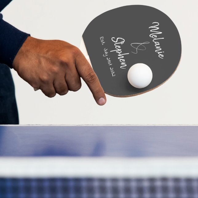 Elegant Couple Names Date Script Typography Grey Ping Pong Paddle (Insitu)