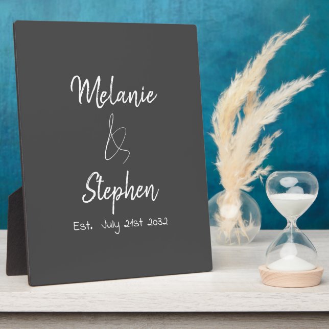 Elegant Couple Names Date Script Typography Grey Plaque (Side)