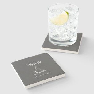 Elegant Couple Names Date Script Typography Grey Stone Coaster