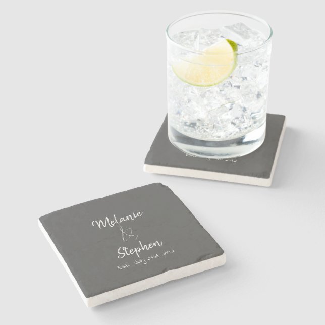 Elegant Couple Names Date Script Typography Grey Stone Coaster (Side)