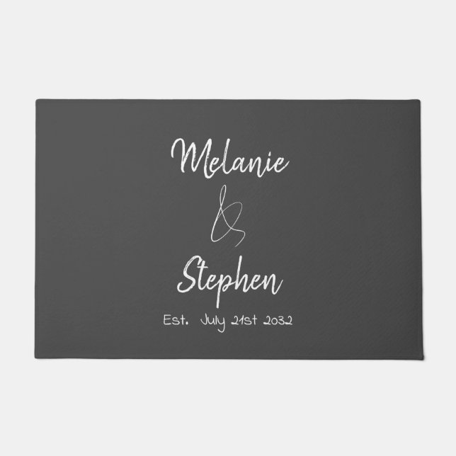 Elegant Couple Names Date Typography Grey Script Doormat (Front)
