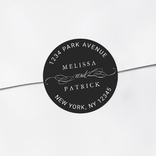 Elegant Couple Names Wedding Return Address Black Classic Round Sticker