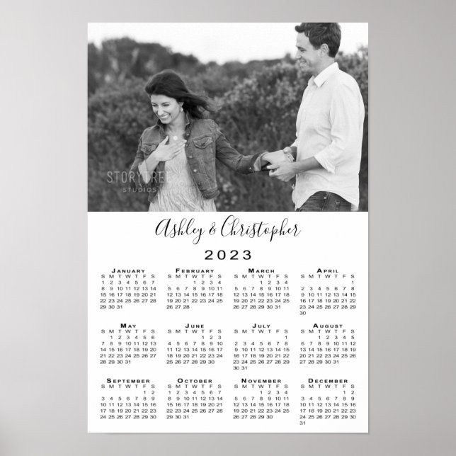 Elegant Couple Photo and Names 2023 Calendar Poster (Front)