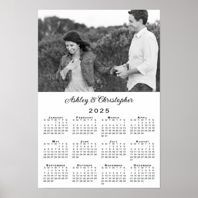 Elegant Couple Photo and Names 2025 Calendar Poster (Front)