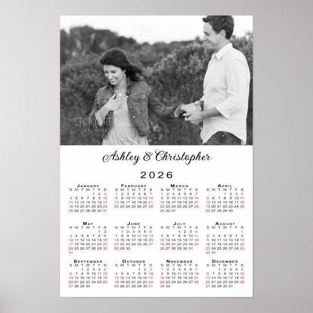 Elegant Couple Photo Names 2026 Calendar Poster (Front)