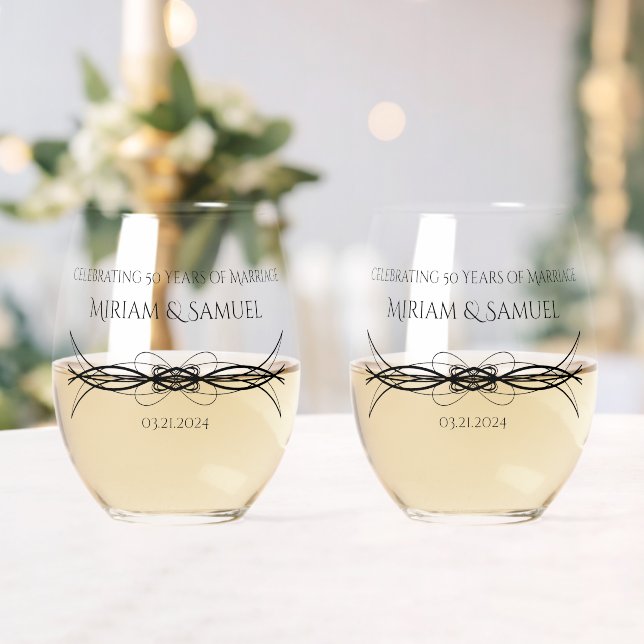 Elegant Couple's Name Date Anniversary Keepsake Stemless Wine Glass (Insitu (Wedding))