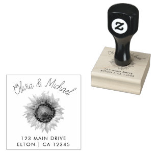 Elegant Couples Script Wedding Address Sunflower  Rubber Stamp