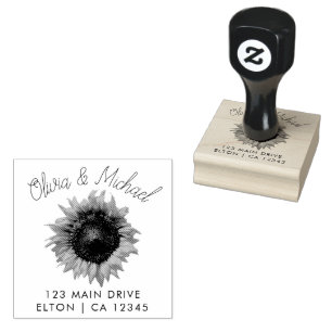 Elegant Couples Script Wedding Address Sunflower  Rubber Stamp