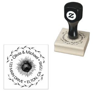Elegant Couples Script Wedding Address Sunflower  Rubber Stamp