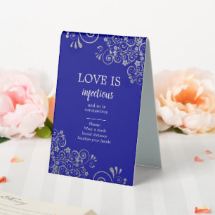 Elegant Covid Safety Sign Blue Silver Swirls