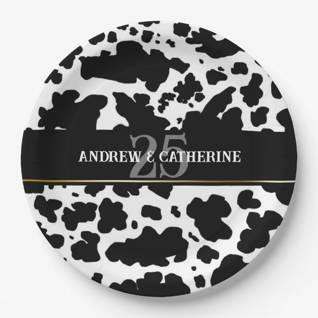 Elegant Cow Spots Print Farmer Wedding Anniversary Paper Plate (Front)