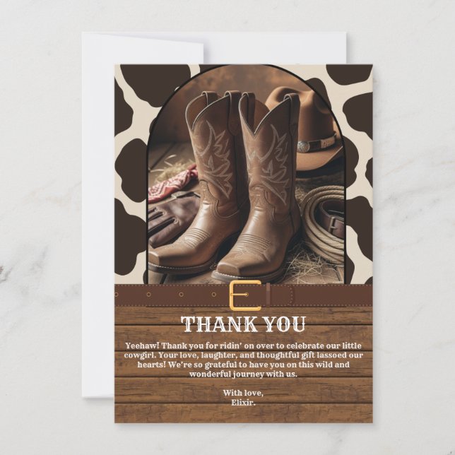 Elegant Cowgirl Boots Baby Shower Thank You Card (Front)