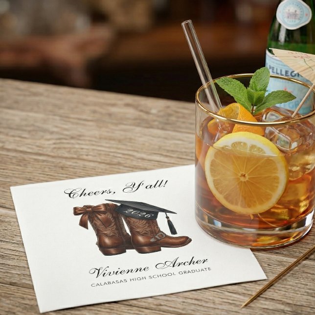 Elegant Cowgirl Bow Boots Graduation Napkin (Country Chic Graduation Cocktail Napkin)