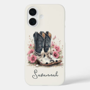 Elegant Cowhide Boots with Flowers Monogrammed iPhone 16 Case