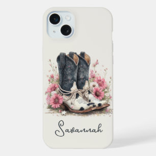 Elegant Cowhide Boots with Flowers Monogrammed iPhone 15 Plus Case