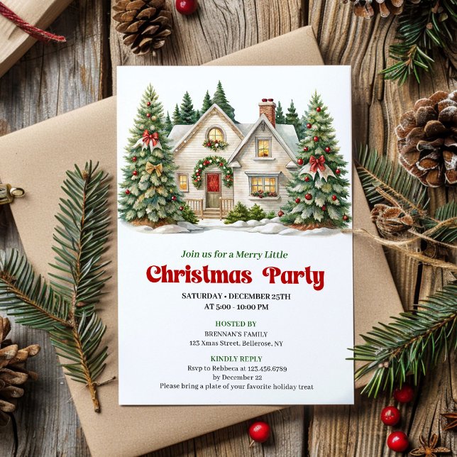 Elegant Cozy Christmas house invitation watercolor (Elegant Cozy Christmas house invitation watercolor)