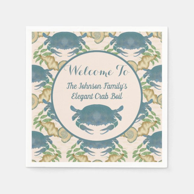 Elegant Crab Feast-Watercolor Blue Crabs, Seashell Napkin (Front)