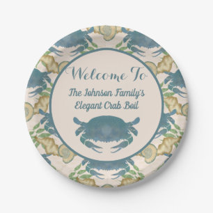 Elegant Crab Feast-Watercolor Blue Crabs, Seashell Paper Plate
