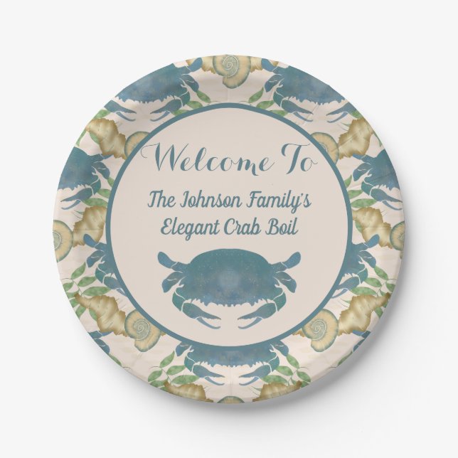 Elegant Crab Feast-Watercolor Blue Crabs, Seashell Paper Plate (Front)
