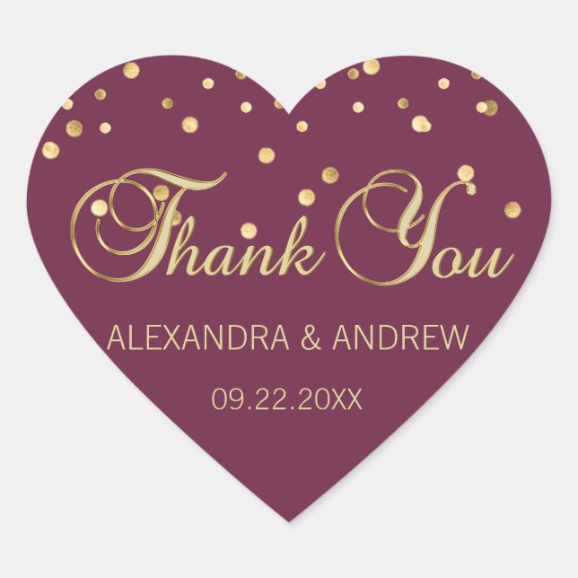 Elegant CRANBERRY Gold Wedding Heart Thank You Heart Sticker (Front)