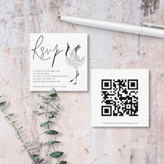 Elegant Crane Bird Script QR Code Wedding RSVP  Enclosure Card (Creator Uploaded)