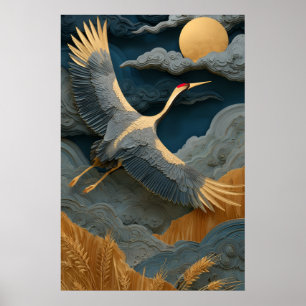 Elegant Crane Flying Under Golden Moon East Asian Poster