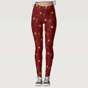 Elegant Crane Maroon Gold Japanese Line Art Leggings