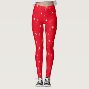 Elegant Crane Pattern Red Gold Japanese Line Art Leggings