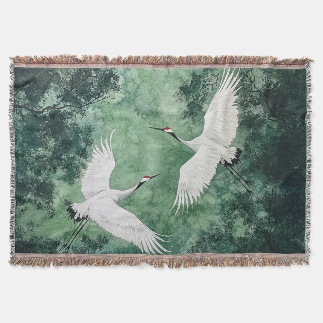 Elegant Crane Throw – Japanese Style Birds  (Front)