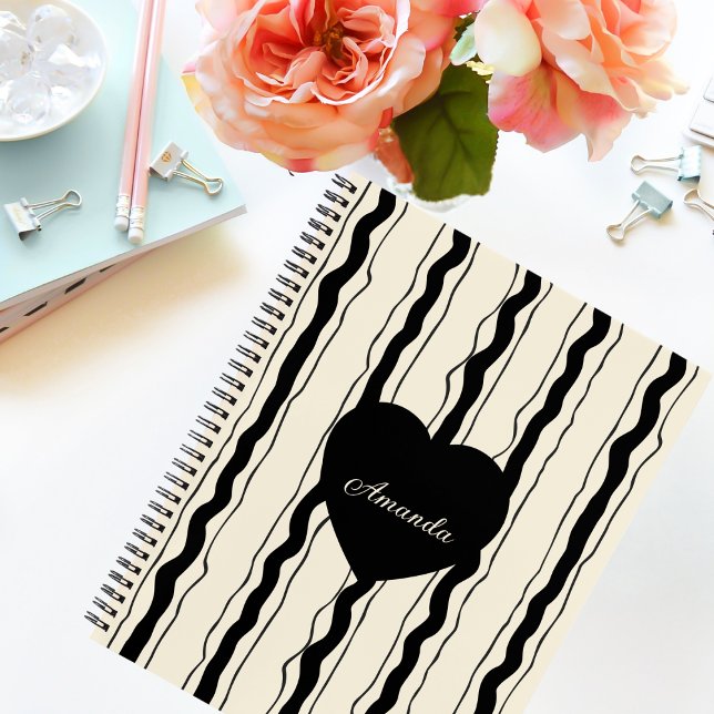 Elegant Cream and Black Stripes Heart Custom Name Notebook (Creator Uploaded)
