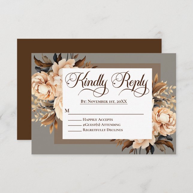 Elegant Cream and Brown Floral Islamic Wedding RSVP Card (Front/Back)