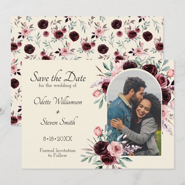 Elegant Cream and Burgundy Floral  Photo Wedding Save The Date (Front/Back)