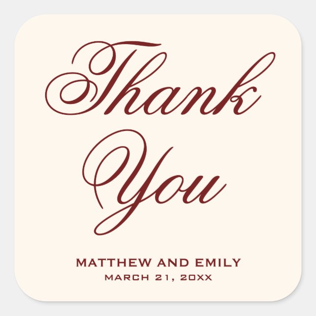 Elegant Cream and Burgundy Thank You Wedding Favou Square Sticker (Front)
