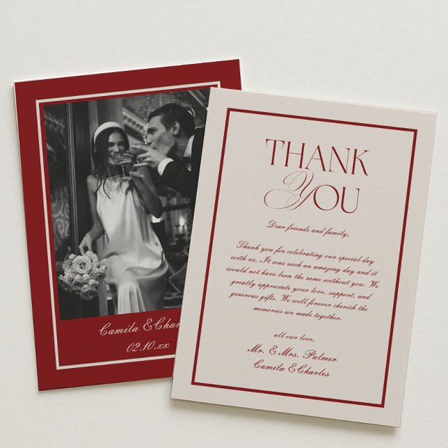 Elegant Cream and Burgundy Wedding Photo Thank You Card (Creator Uploaded)