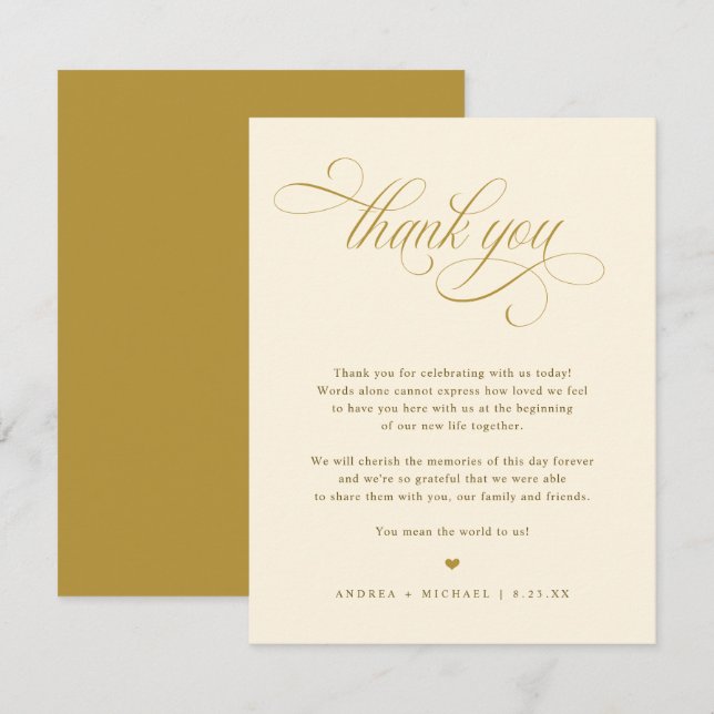Elegant Cream and Gold Calligraphy Wedding Thank You Card (Front/Back)
