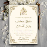 Elegant Cream and Gold Islamic Muslim Wedding Invitation<br><div class="desc">Amaze your guests with this Islamic style wedding invitation featuring an elegant gold ornate border and 'Bismillah' in Arabic calligraphy on a cream background. Simply add your event details on this easy-to-use template to make it a one-of-a-kind invitation. Flip the card over to reveal a beautiful gold and cream pattern...</div>
