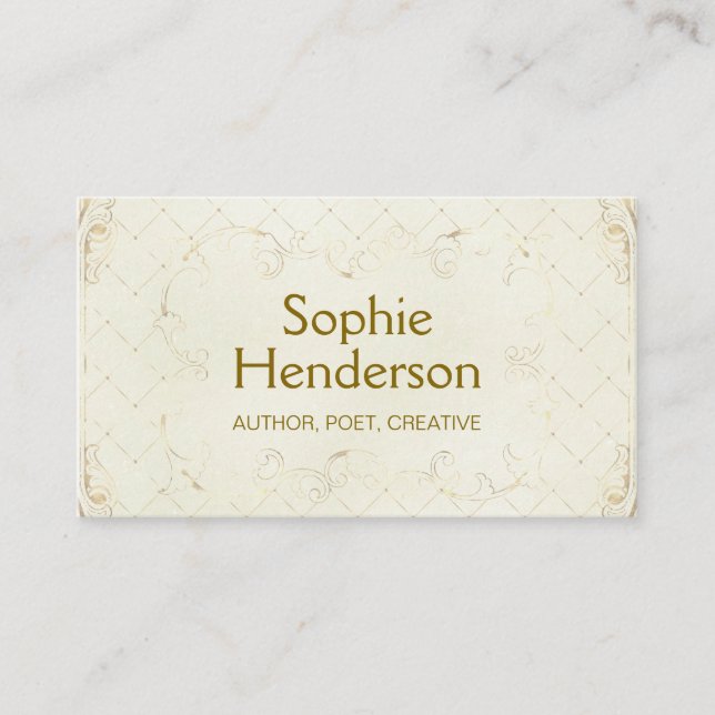 Elegant Cream and Gold Ornate Author Business Card (Front)