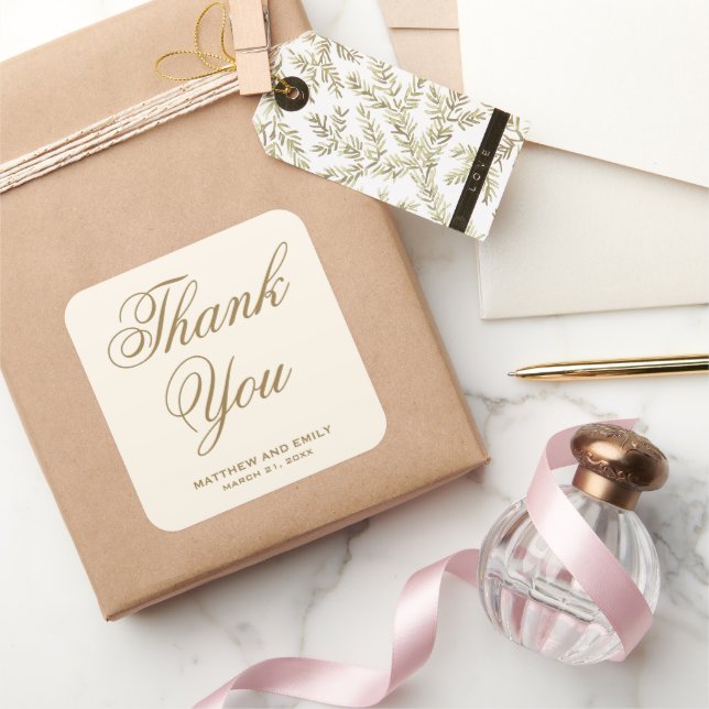 Elegant Cream and Gold Thank You Wedding Favour Square Sticker (Gifting)