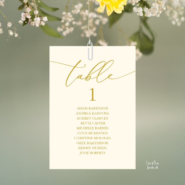 Elegant Cream and Gold Wedding Table Seating Chart Number (Elegant Wedding Dinner Table Hanging Seating Chart Card, with Table Number Guest Names Yellow Gold)