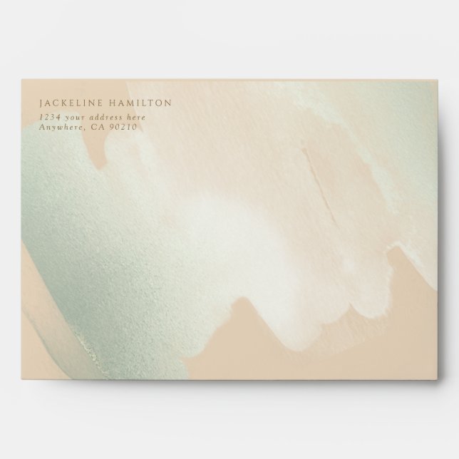Elegant Cream and Green Brush Strokes, Wedding Envelope (Front)