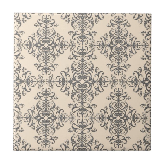 Elegant Cream and Grey Damask Style Pattern Tile (Front)