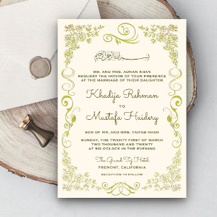 Elegant Cream and Olive Green Muslim Wedding Invitation