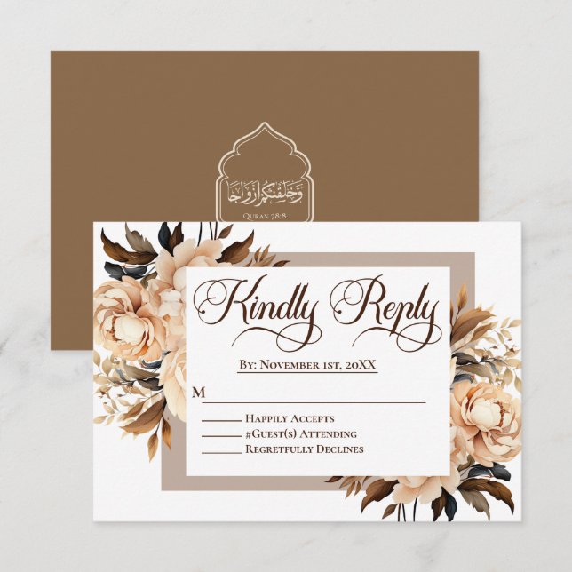 Elegant Cream and Tan Floral Islamic Wedding RSVP Card (Front/Back)