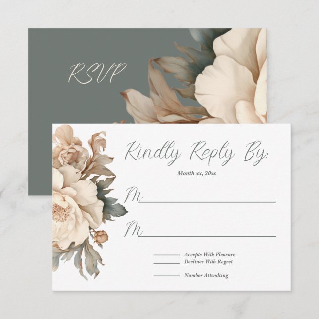 Elegant Cream and Taupe With Green Floral Wedding  RSVP Card (Front/Back)