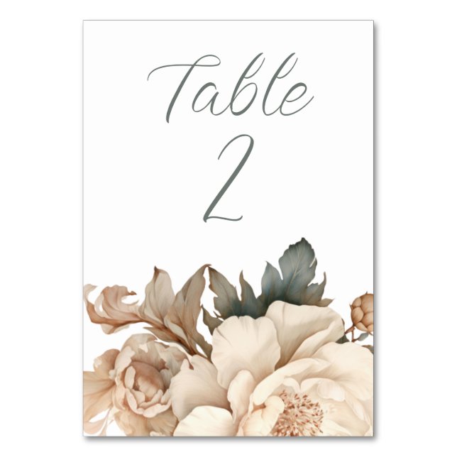 Elegant Cream and Taupe With Green Floral Wedding  Table Number (Front)