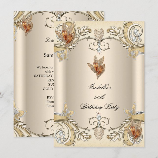 Elegant Cream Beige Gold Butterfly Birthday Party Invitation (Front/Back)