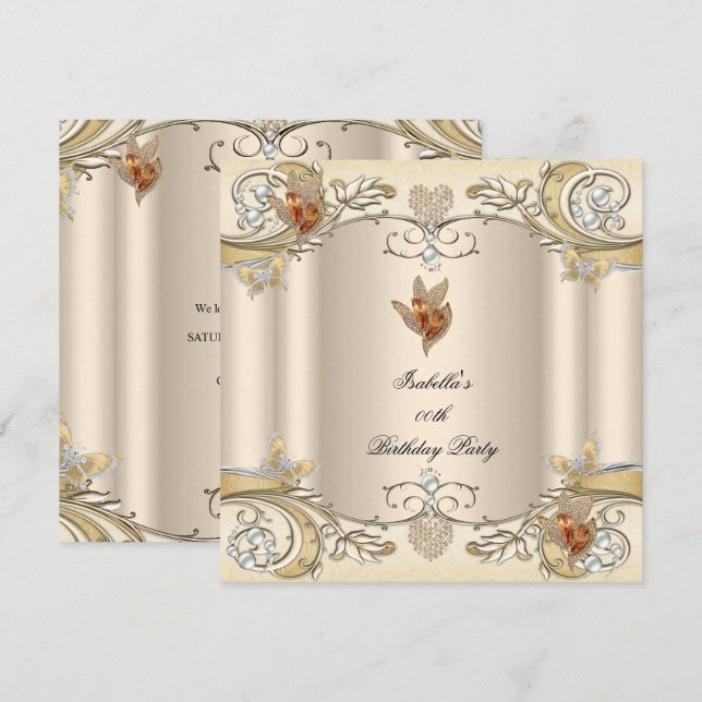 Elegant Cream Beige Gold Butterfly Birthday Party Invitation (Front/Back)