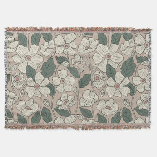 Elegant Cream Beige & Green Illustrated Floral  Throw Blanket